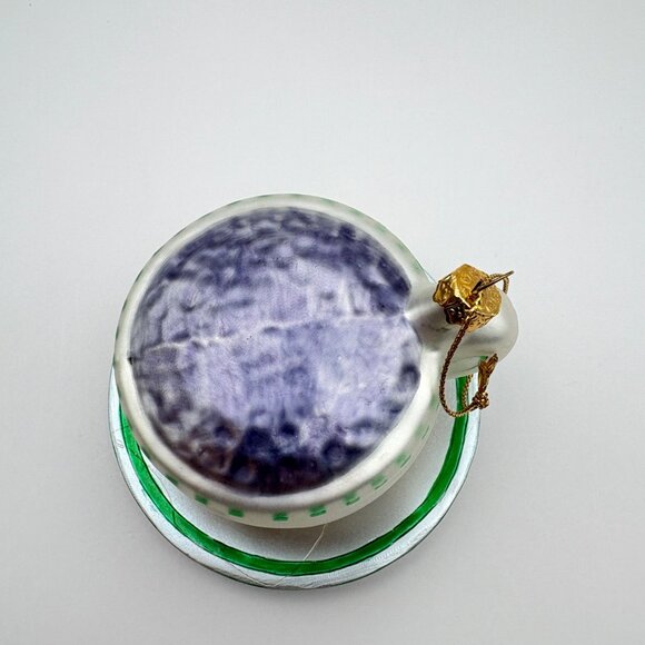 Vintage Espresso Cup Glass Christmas Tree Ornament with Saucer White Green Trim - Picture 5 of 9